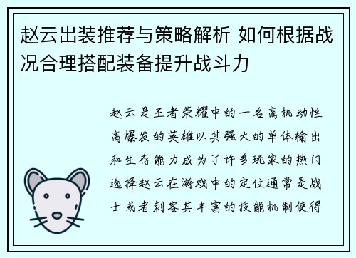 赵云出装推荐与策略解析 如何根据战况合理搭配装备提升战斗力